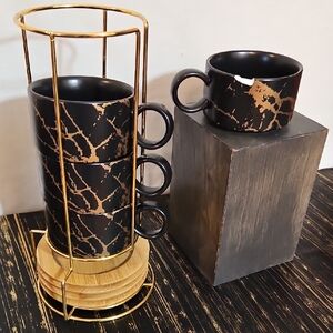 Stylish Black and Gold Marble Mug Set with Stand * One Chipped, One Nicked*